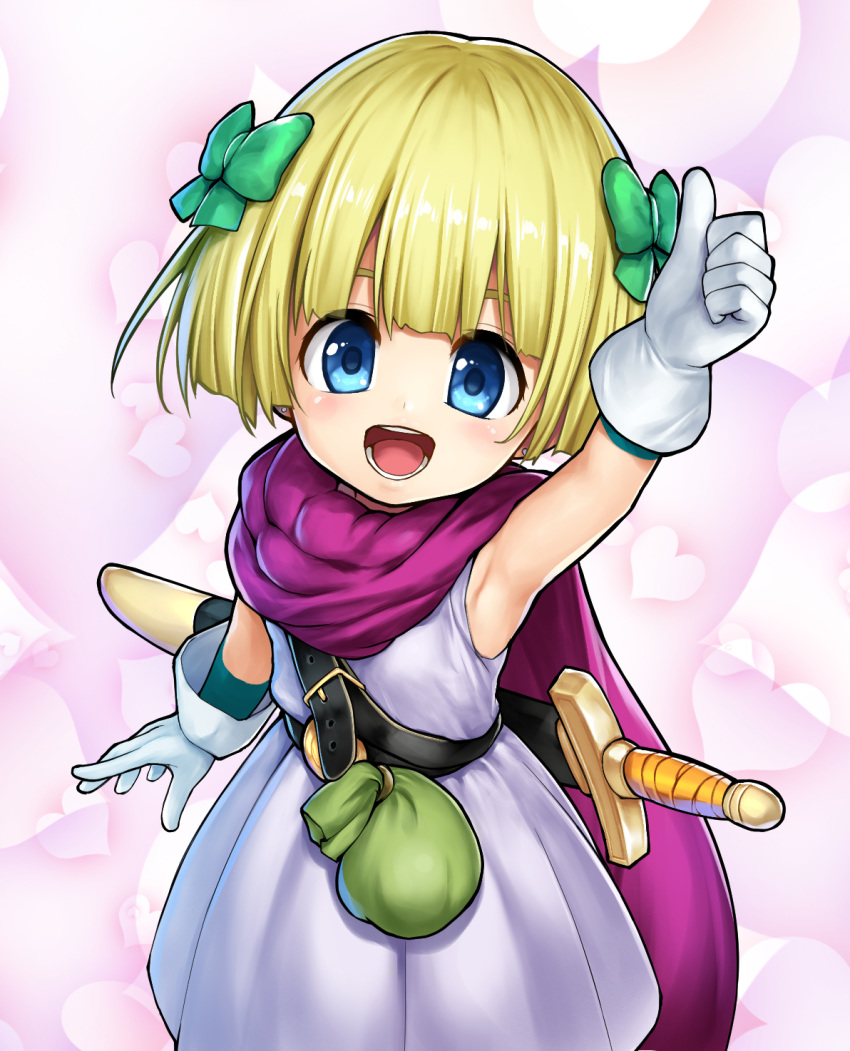 1girl arm_up armpits belt blonde_hair bow child cloak dragon_quest dragon_quest_v dress endou_hiroto gloves hair_bow heart hero's_daughter_(dq5) highres looking_at_viewer open_mouth pouch purple_cloak ribbon sheath sheathed short_hair sleeveless sleeveless_dress smile solo sword thumbs_up upper_body weapon white_dress white_gloves