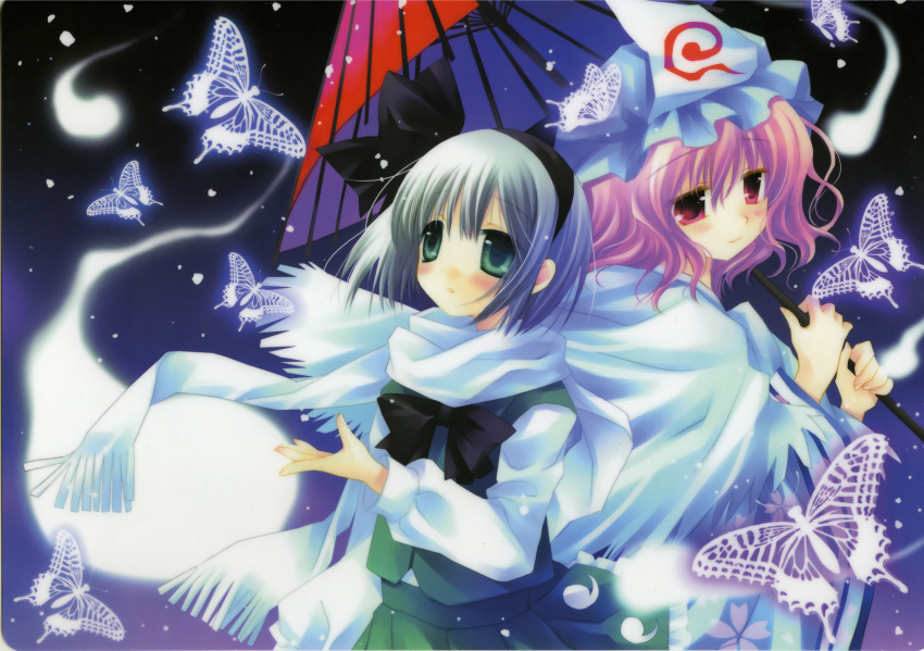 absurdres ghost green_eyes hairband hat highres hinayuki_usa hitodama konpaku_youmu konpaku_youmu_(ghost) pink_eyes pink_hair saigyouji_yuyuko sakurazawa_izumi scarf short_hair silver_hair touhou umbrella