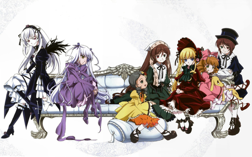 6+girls 7girls barasuishou black_wings blue_eyes bonnet brown_hair curly_hair dress green_eyes green_hair hair_bow hair_ornament hat headband heterochromia highres hina_ichigo kanaria kunkun long_hair rozen_maiden shinku shoes short_hair silver_hair sitting smile souseiseki suigintou suiseiseki twintails wallpaper wings