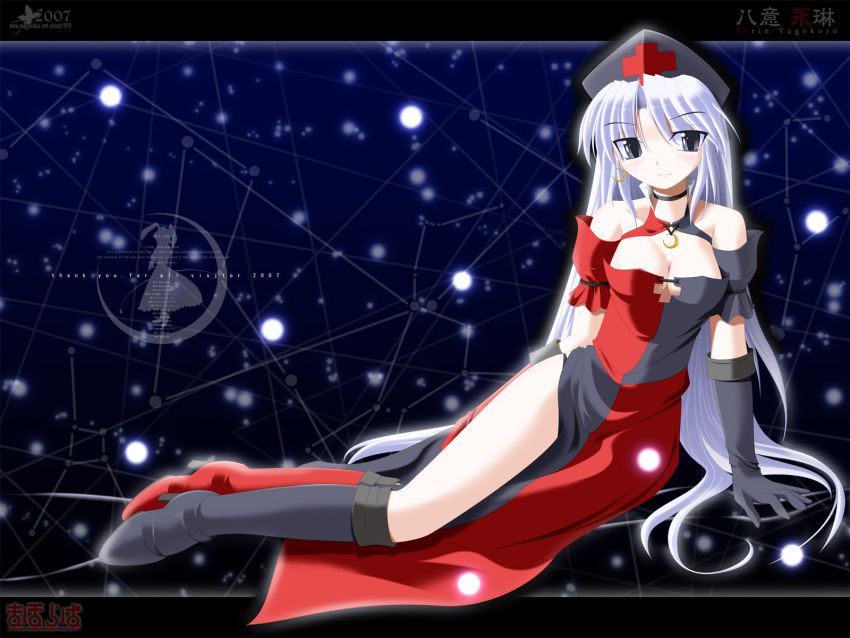 boots breasts choker cleavage dress earrings elbow_gloves gloves grey_eyes hat highres jewelry long_hair mismatched_footwear nurse_cap side_b thighs touhou very_long_hair wallpaper white_hair yagokoro_eirin