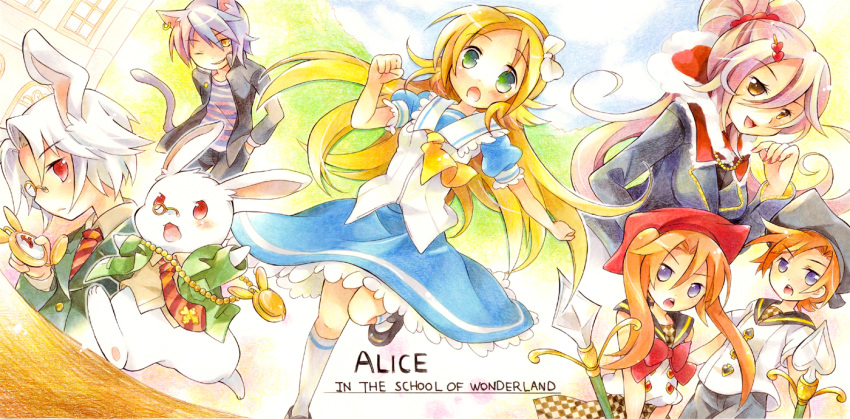 alice alice_in_wonderland animal_ears blonde_hair bow brown_eyes bunny cheshire_cat cloud dress earrings green_eyes grin hair_ornament hairclip hat jewelry monocle necklace necktie open_mouth pocket_watch polearm purple_eyes purple_hair red_eyes school_uniform sky smile spear tachitsu_teto tail twintails watch weapon white_hair white_rabbit yellow_eyes