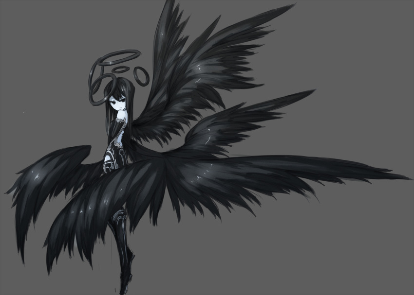 angel black_eyes halo highres long_hair looking_back multiple_wings original seraph shirogane_usagi wings