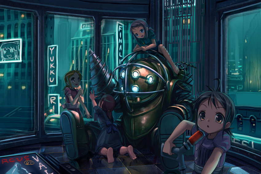 art_deco barefoot big_daddy bioshock black_hair blonde_hair brown_hair child drill hakurei_reimu holding little_sister multiple_girls patorishia touhou yukkuri_shiteitte_ne