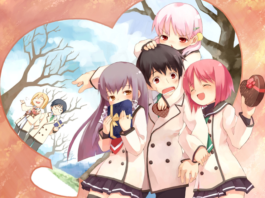 akino_momiji black_hair blonde_hair blush chocolate gift glasses grey_hair harasaki_ryouma heart highres holding holding_gift hoshigano_akira kiriyama_keigo kiriyama_sakura long_hair pink_hair red_eyes sakura_musubi school_uniform sera_karen sera_kunihiko short_hair skirt thighhighs tree valentine wallpaper yellow_eyes