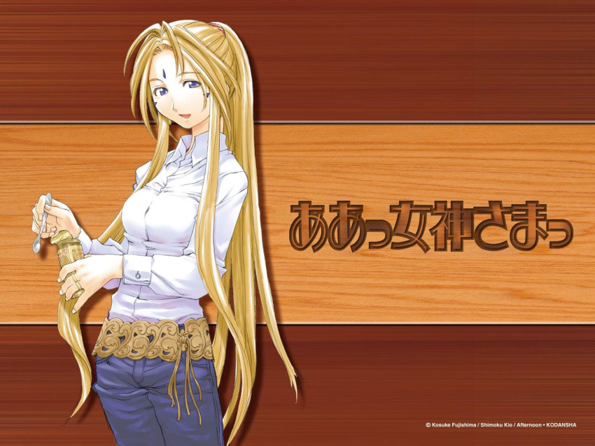 aa_megami-sama afternoon afternoon_(magazine) belldandy blonde_hair casual dress_shirt facial_mark forehead_mark highres holding holding_spoon kio_shimoku long_hair looking_at_viewer shirt solo spoon very_long_hair wallpaper