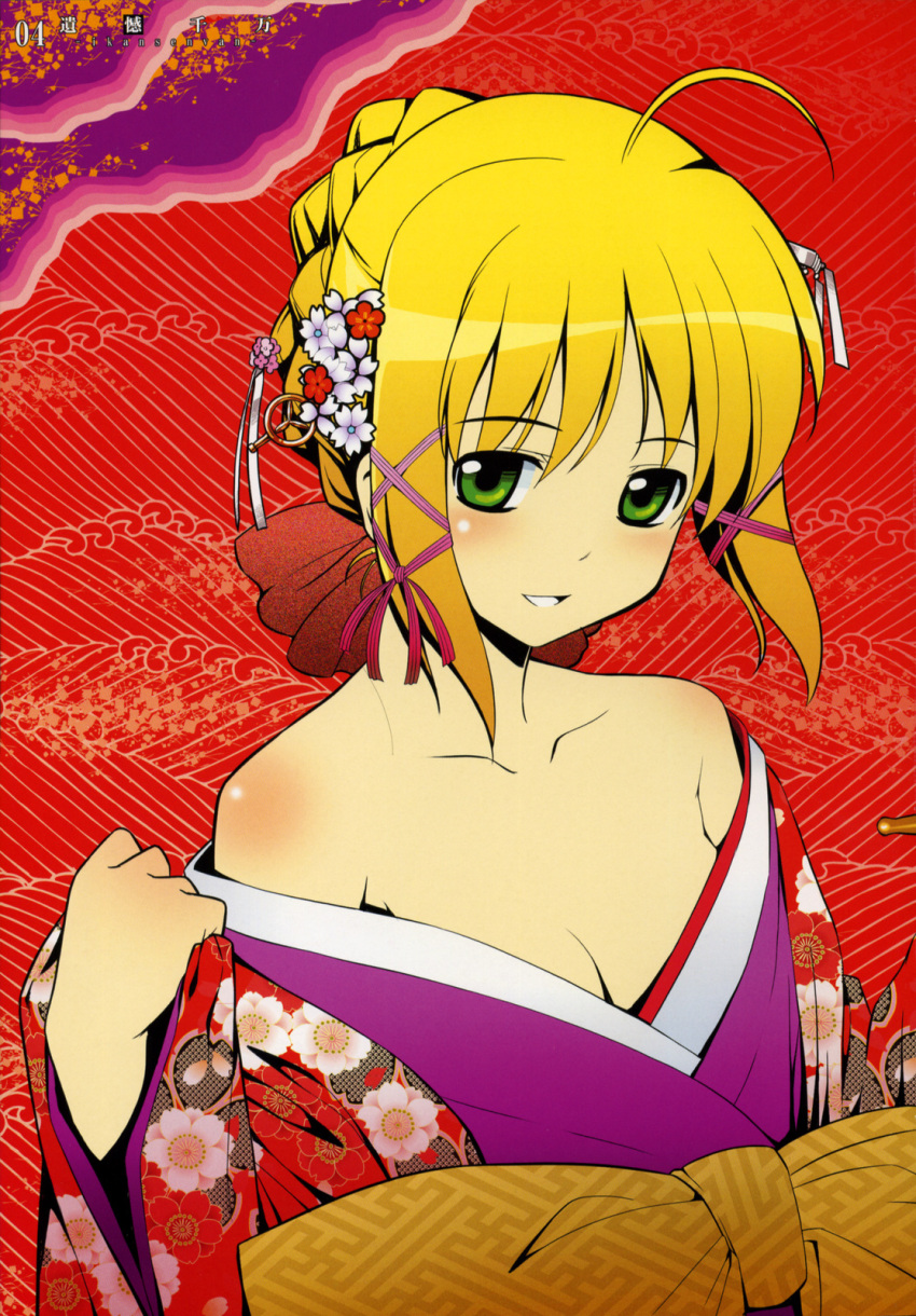 ahoge bare_shoulders blonde_hair blush body_blush braid breasts bust cleavage fate/stay_night fate_(series) flower green_eyes hair_bun hair_flower hair_ornament hairdressing highres japanese_clothes kimono namonashi off_shoulder payot saber sayagata smile solo undressing