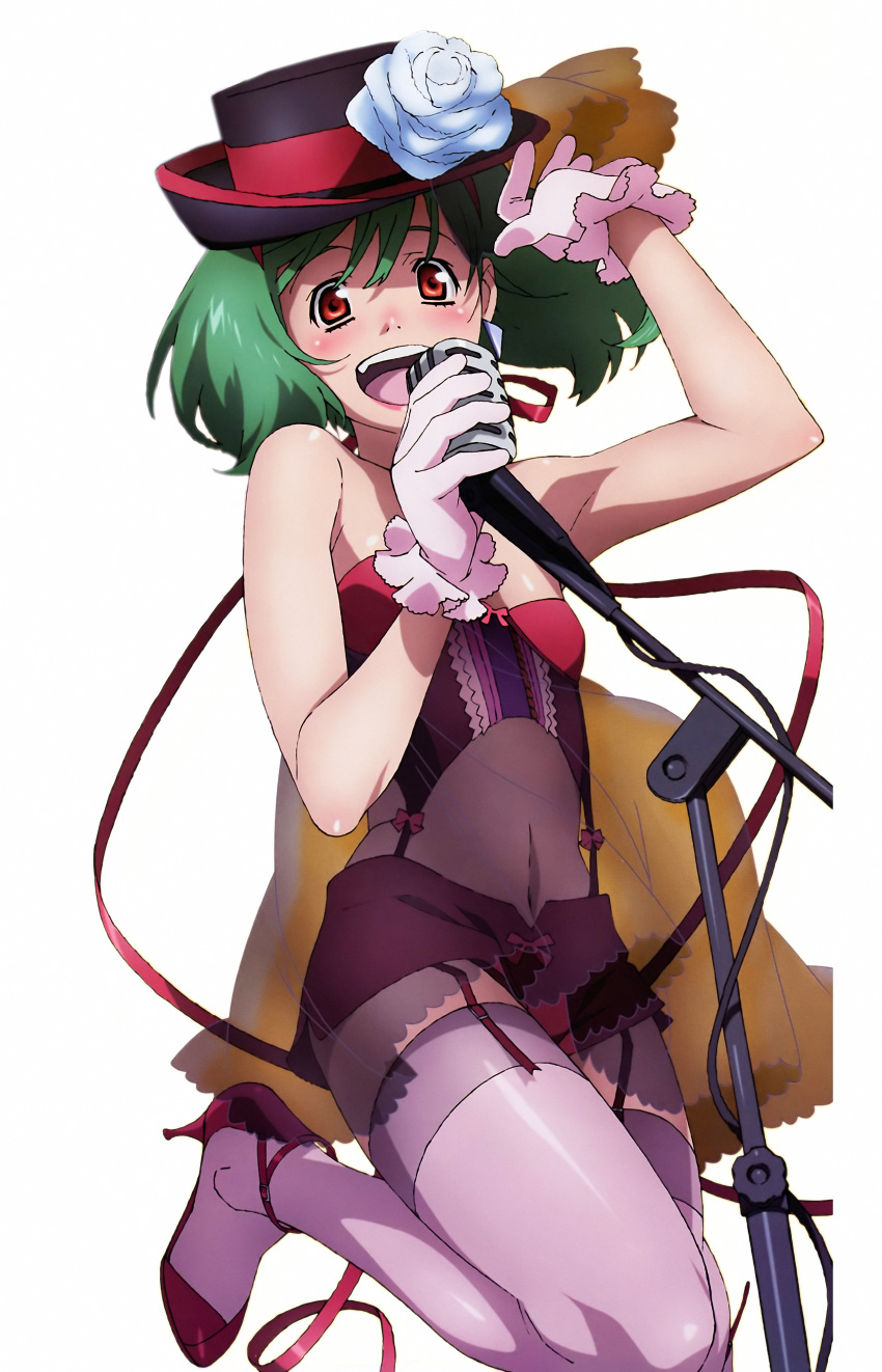 bare_shoulders blush fang garter_belt gloves green_hair hat high_heels highres macross macross_frontier microphone microphone_stand midriff ranka_lee red_eyes ribbon see-through shoes short_hair thigh-highs thighhighs tsukahara_hajime