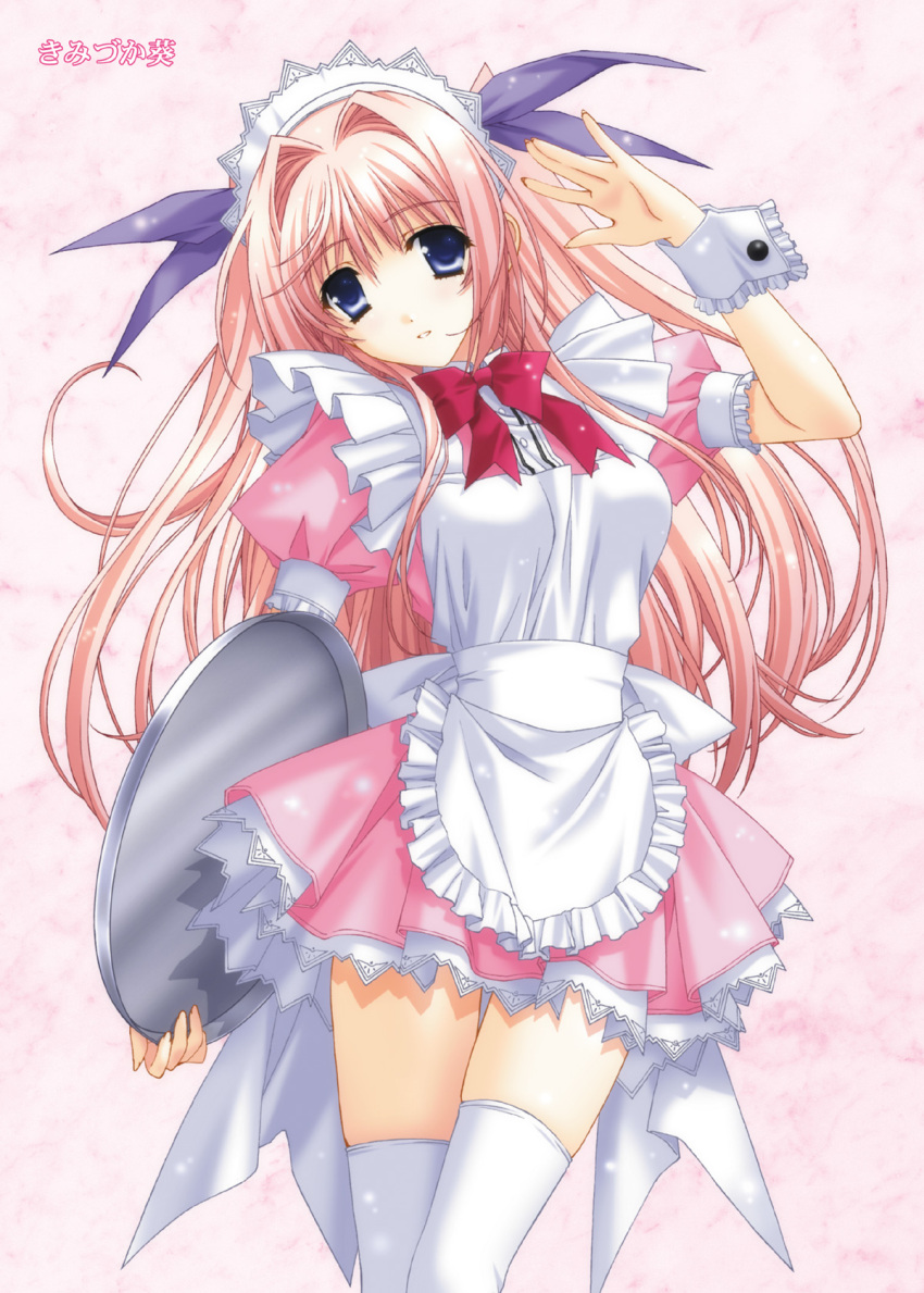 apron dreamparty highres kimizuka_aoi long_hair maid pink_hair thigh-highs thighhighs tray white_legwear wrist_cuffs zettai_ryouiki