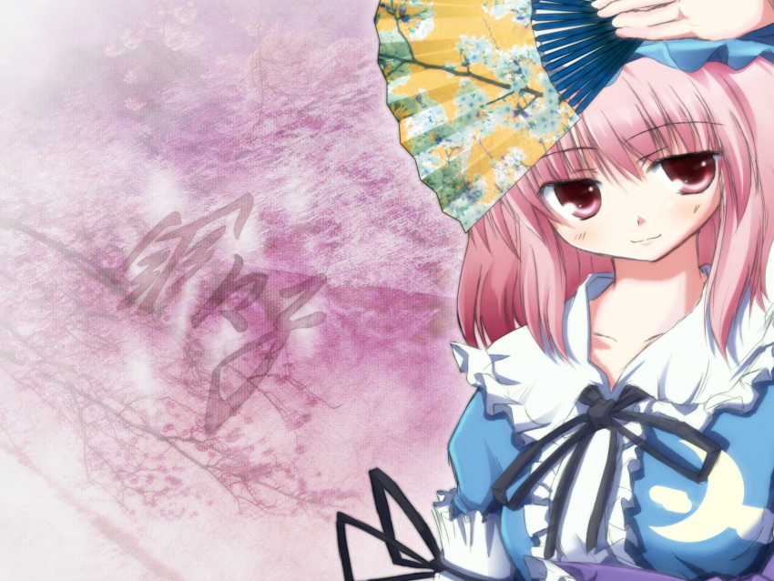 1girl artist_request fan hat highres necktie pink_eyes pink_hair saigyouji_yuyuko solo touhou