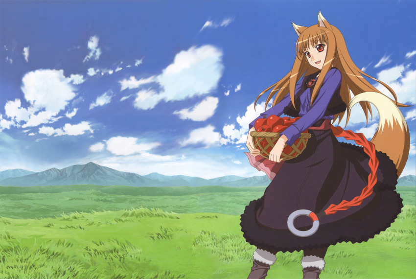 animal_ears apple basket boots brown_hair carrying cloud dress food fruit fur_trim grass highres holo jewelry kuroda_kazuya long_hair mountain necklace official_art open_mouth outdoors pouch red_eyes scan sky smile solo spice_and_wolf standing tail vest wolf_ears wolf_tail