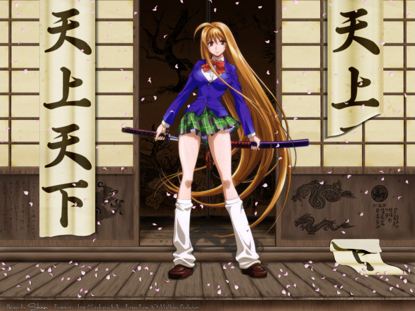 1600x1200 1girl ahoge bangs blazer blue_blazer blue_jacket bow bowtie breasts brown_eyes brown_footwear brown_hair buttons closed_mouth female full_body highres holding holding_sword holding_weapon jacket katana long_hair long_sleeves looking_at_viewer miniskirt multicolored multicolored_skirt natsume_aya petals plaid plaid_skirt pleated_skirt red_bow red_bowtie red_neckwear school_uniform sheath shirt shirt_under_jacket shoes skirt solo standing sword tenjou_tenge thighs very_long_hair wallpaper weapon white_legwear white_shirt