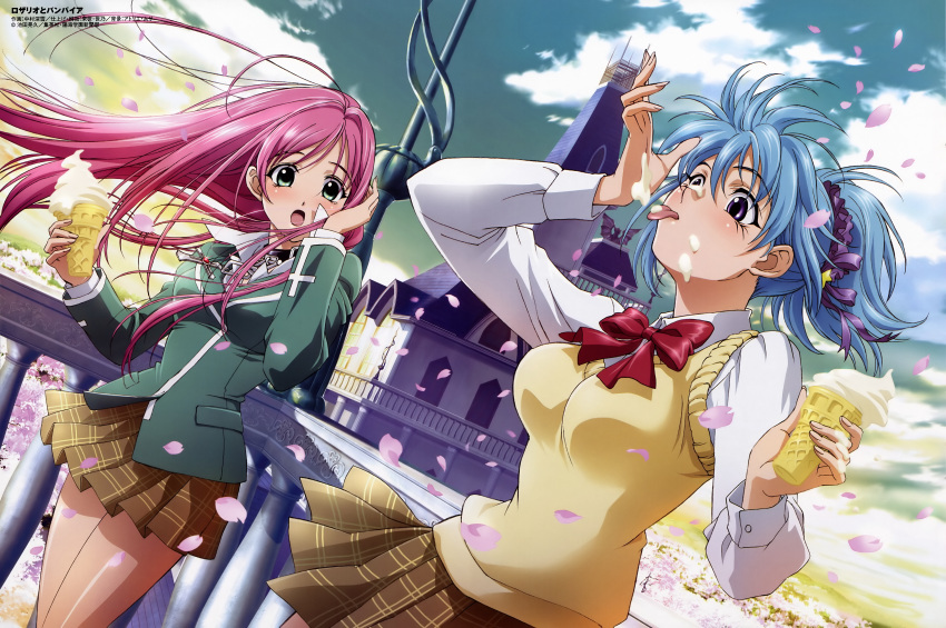 akashiya_moka blue_hair blush breasts cherry_blossoms choker collar cross demon_girl food green_eyes highres ice_cream kurono_kurumu licking long_hair miniskirt open_mouth pink_hair ribbon rosario+vampire scan school_uniform short_hair skirt succubus