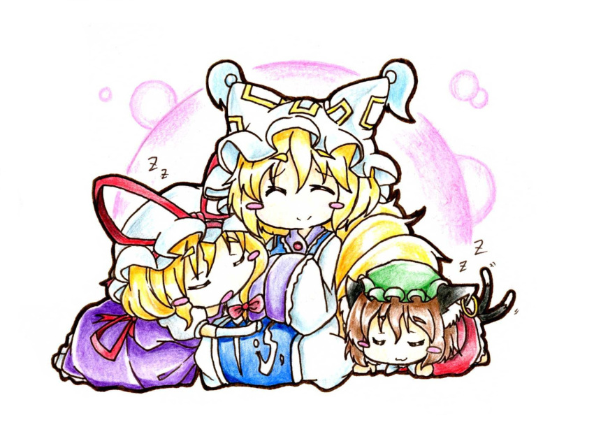 3girls :3 animal_ears blonde_hair blush_stickers bow brown_hair bubble_background cat_ears cat_tail chen closed_eyes dress elbow_gloves fox_tail gloves goku_(acoloredpencil) hair_bow hands_in_sleeves hat highres long_sleeves multiple_girls multiple_tails on_stomach open_mouth puffy_sleeves short_hair sleeping smile tail touhou traditional_media wide_sleeves yakumo_ran yakumo_yukari z