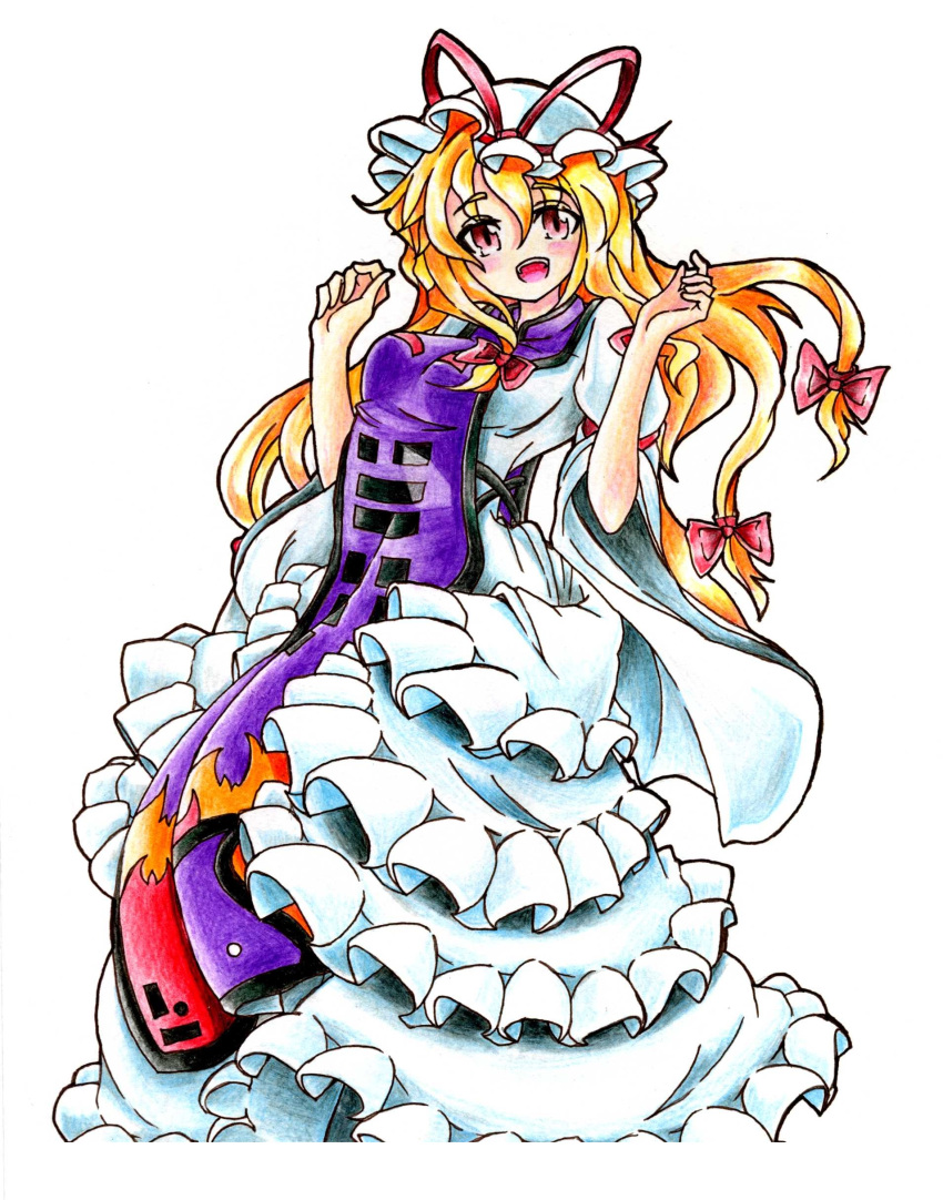 1girl absurdres blonde_hair bow breasts eyebrows goku_(acoloredpencil) hair_bow hat highres long_hair long_sleeves looking_at_viewer open_mouth posing red_eyes short_hair simple_background smile solo tabard touhou traditional_media white_background wide_sleeves yakumo_yukari