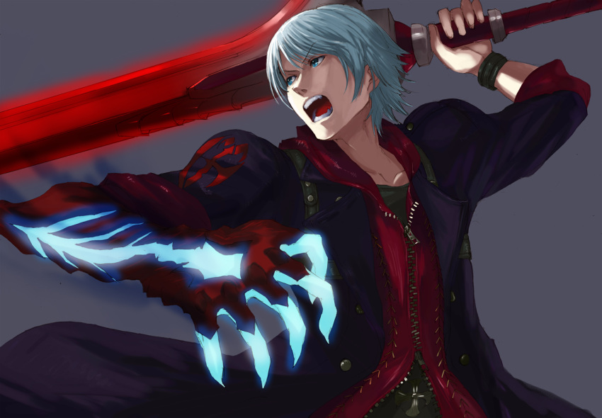 blue_hair claws devil_bringer devil_may_cry devil_may_cry_4 ippo male male_only nero nero_(devil_may_cry) red_queen_(sword) short_hair silver_hair sword weapon white_hair