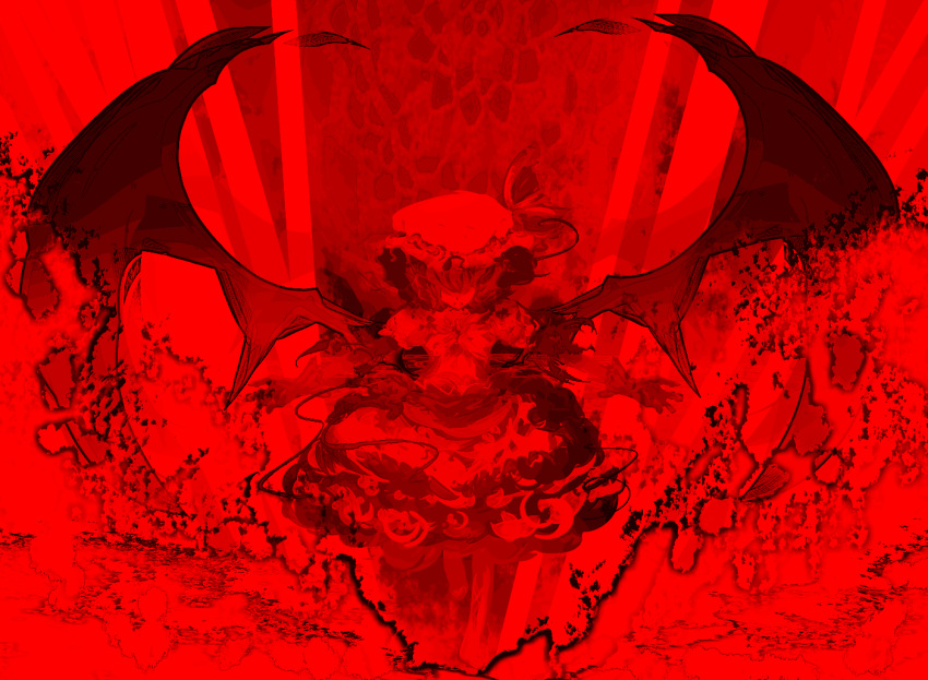 monochrome red red_background remilia_scarlet touhou wings yoshioka_yoshiko zuta