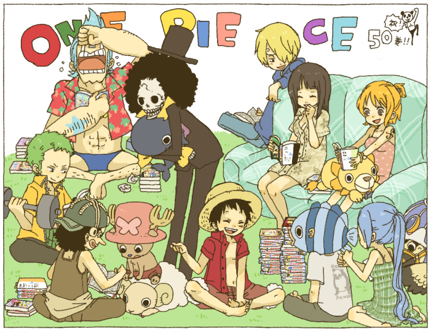 bird black_hair blonde_hair blue_hair book brook crew everyone female fish franky goggles going_merry green_hair hat laboon lamb lion male monkey_d_luffy nami nefertari_vivi nico_robin one_piece orange_hair reading reindeer roronoa_zoro sanji sitting skeleton straw_hat tattoo thousand_sunny title_drop tony_tony_chopper usopp x yukke