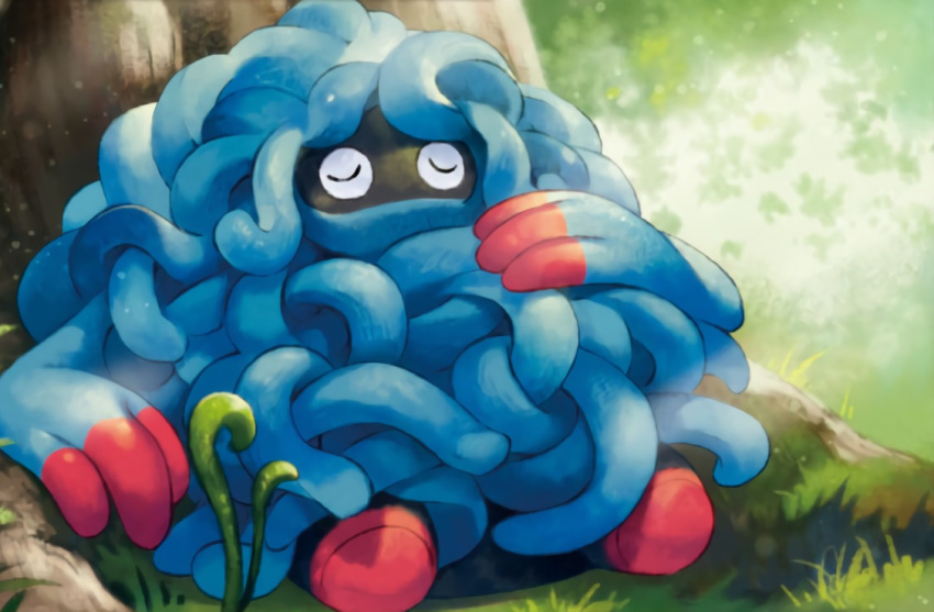 closed_eyes creature facing_viewer full_body gen_4_pokemon grass kodama_(artist) no_humans official_art pokemon pokemon_(creature) pokemon_trading_card_game sitting sitting_on_ground sleeping solo tangrowth third-party_source tree