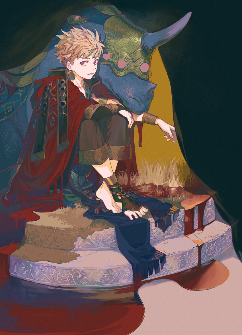 1boy armband barefoot blood bracer cloak dripping earrings fingernails grass highres jewelry lower_teeth monster moryo open_mouth original puddle red_cloak red_eyes sitting smile teeth toenails