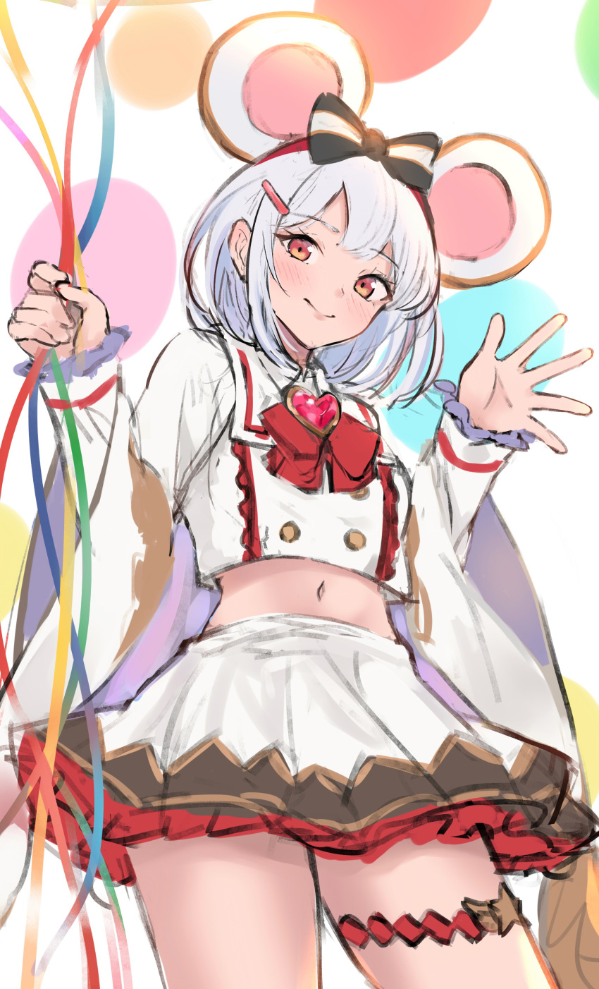 1girl absurdres animal_ears balloon bangs blush breasts buttons closed_mouth crop_top crop_top_overhang fake_animal_ears granblue_fantasy hand_up highres holding_balloon jewelry long_sleeves looking_at_viewer midriff mouse_ears navel pendant red_eyes red_neckwear renzu_(lens_02) shirt short_hair simple_background skirt small_breasts smile solo thighs vikala_(granblue_fantasy) white_background white_hair white_shirt white_skirt
