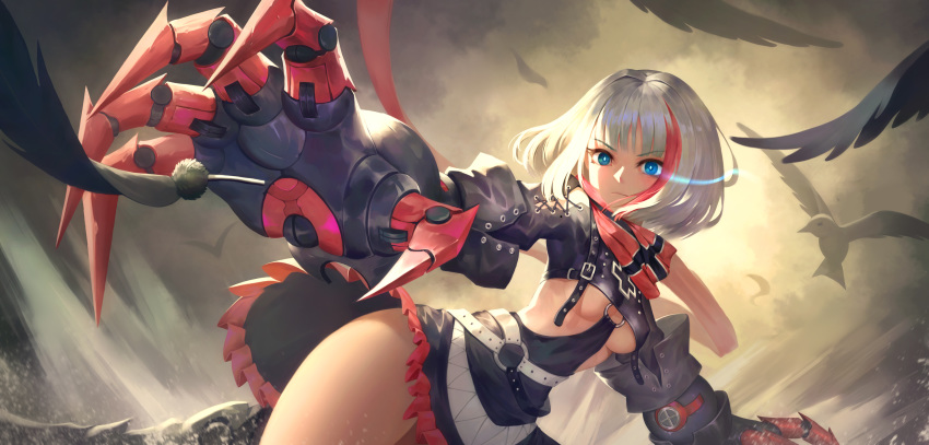 1girl absurdres admiral_graf_spee_(azur_lane) azur_lane bangs bare_legs bird black_feathers blue_eyes breasts closed_mouth clouds eyebrows_visible_through_hair feathers highres iron_cross mechanical_hands moonofmonster multicolored_hair no_tail ocean outdoors scarf short_hair skirt solo streaked_hair thighs under_boob waves white_hair