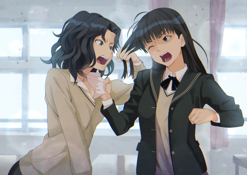 2girls :o ;o amagami ayatsuji_tsukasa black_eyes black_hair blazer clenched_hand clothes_grab desk fighting hair_grab indoors jacket kibito_high_school_uniform long_hair long_sleeves multiple_girls one_eye_closed school_desk school_uniform sweater tanamachi_kaoru tomato_(madanai_the_cat) wavy_hair window