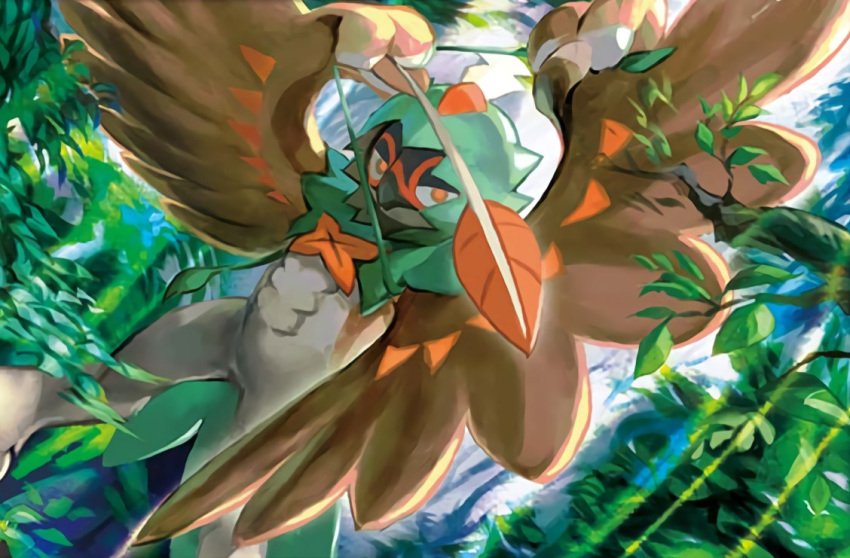 arrow bird bird_focus bow_(weapon) brown_eyes creature day decidueye feet_out_of_frame gen_7_pokemon holding holding_arrow holding_bow_(weapon) holding_weapon kawaguchi_youhei legs_apart looking_at_viewer no_humans official_art outdoors plant pokemon pokemon_(creature) pokemon_trading_card_game solo standing third-party_source weapon