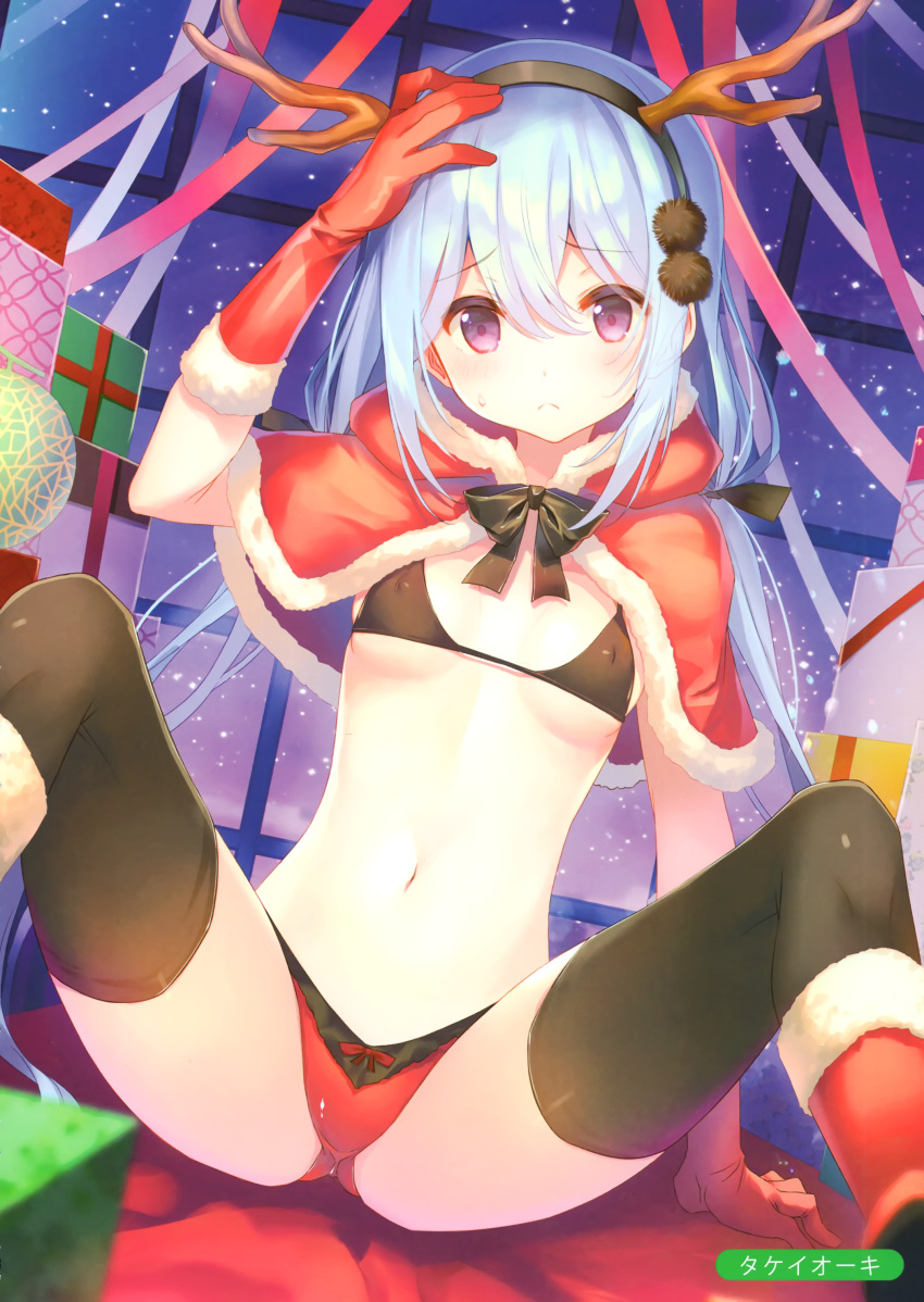 1girl absurdres arm_support ass bikini black_bikini black_bow black_legwear boots bow box breasts capelet christmas covered_nipples frown fur_trim gift gift_box gloves hairband hand_on_own_head highres hood hood_down hooded_capelet light_blue_hair long_hair looking_at_viewer low_twintails melonbooks navel red_gloves ribbon scan sitting small_breasts solo spread_legs stomach swimsuit takei_ooki thigh-highs twintails very_long_hair violet_eyes window