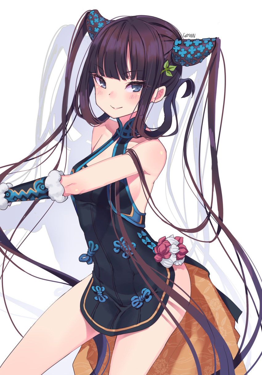 1girl bangs bare_shoulders black_dress blue_eyes blunt_bangs blush breasts china_dress chinese_clothes closed_mouth covered_navel detached_sleeves dress fate/grand_order fate_(series) floral_print goyain hair_ornament highres leaf_hair_ornament long_hair looking_at_viewer medium_breasts purple_hair shadow side_slit sidelocks simple_background smile solo thighs twintails very_long_hair white_background yang_guifei_(fate/grand_order)