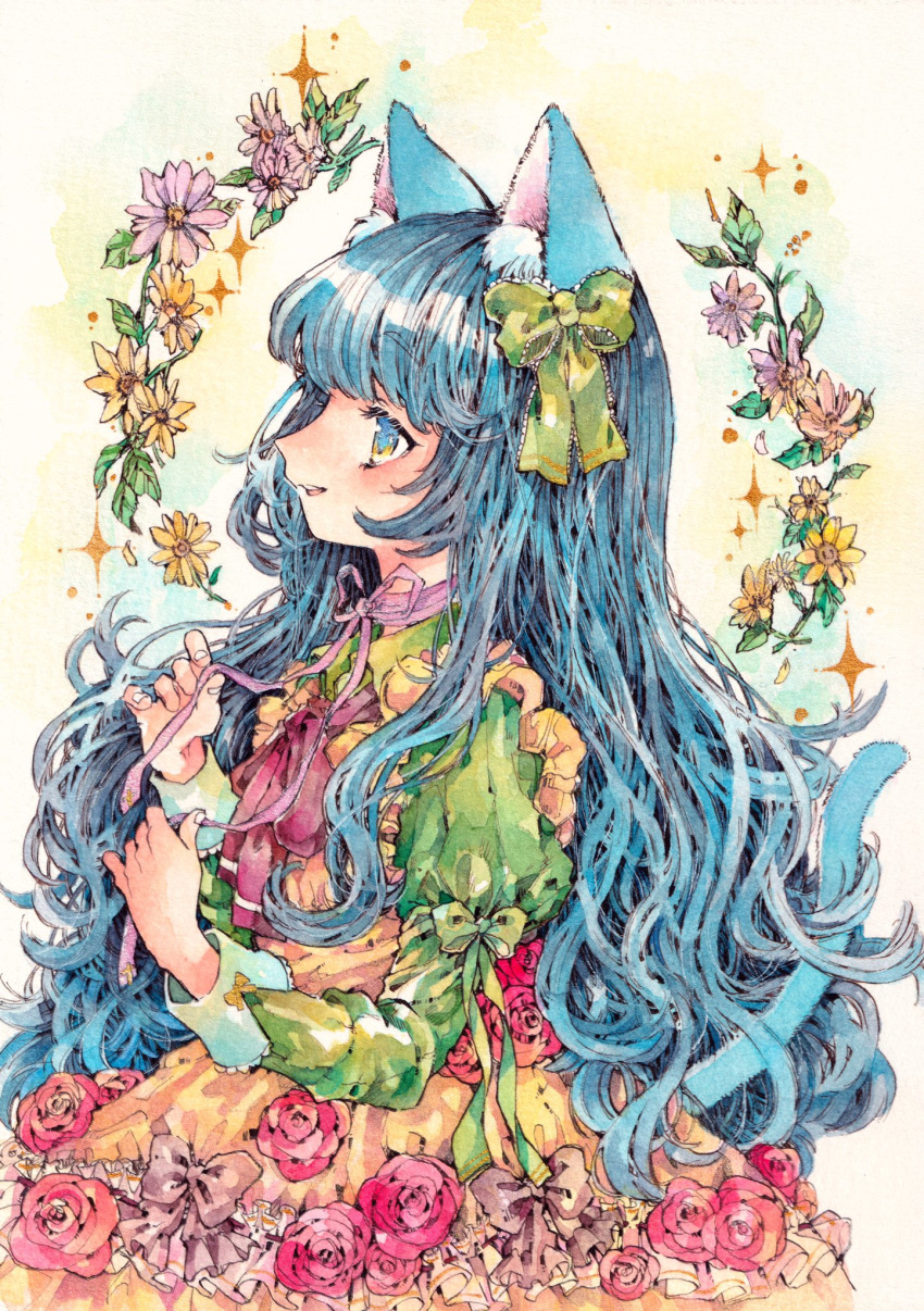 1girl animal_ear_fluff animal_ears blue_eyes blue_hair bow cat_ears cat_tail choker commentary_request dress dress_flower flower frills from_side green_bow green_shirt hair_bow highres holding holding_ribbon juliet_sleeves long_hair long_sleeves looking_away natuki1016 original parted_lips profile puffy_sleeves ribbon ribbon_choker rose shirt smile solo tail traditional_media watercolor_(medium) wavy_hair yellow_dress