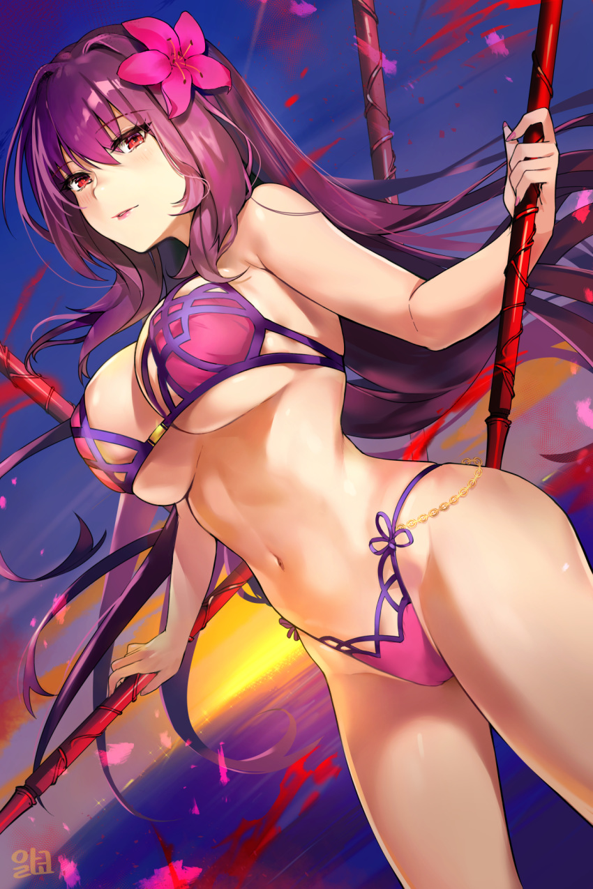 1girl alraco bangs bikini blush breasts fate/grand_order fate_(series) flower gae_bolg hair_flower hair_intakes hair_ornament hibiscus highres large_breasts long_hair looking_at_viewer navel polearm purple_bikini purple_hair red_eyes scathach_(fate)_(all) scathach_(swimsuit_assassin)_(fate) spear swimsuit weapon