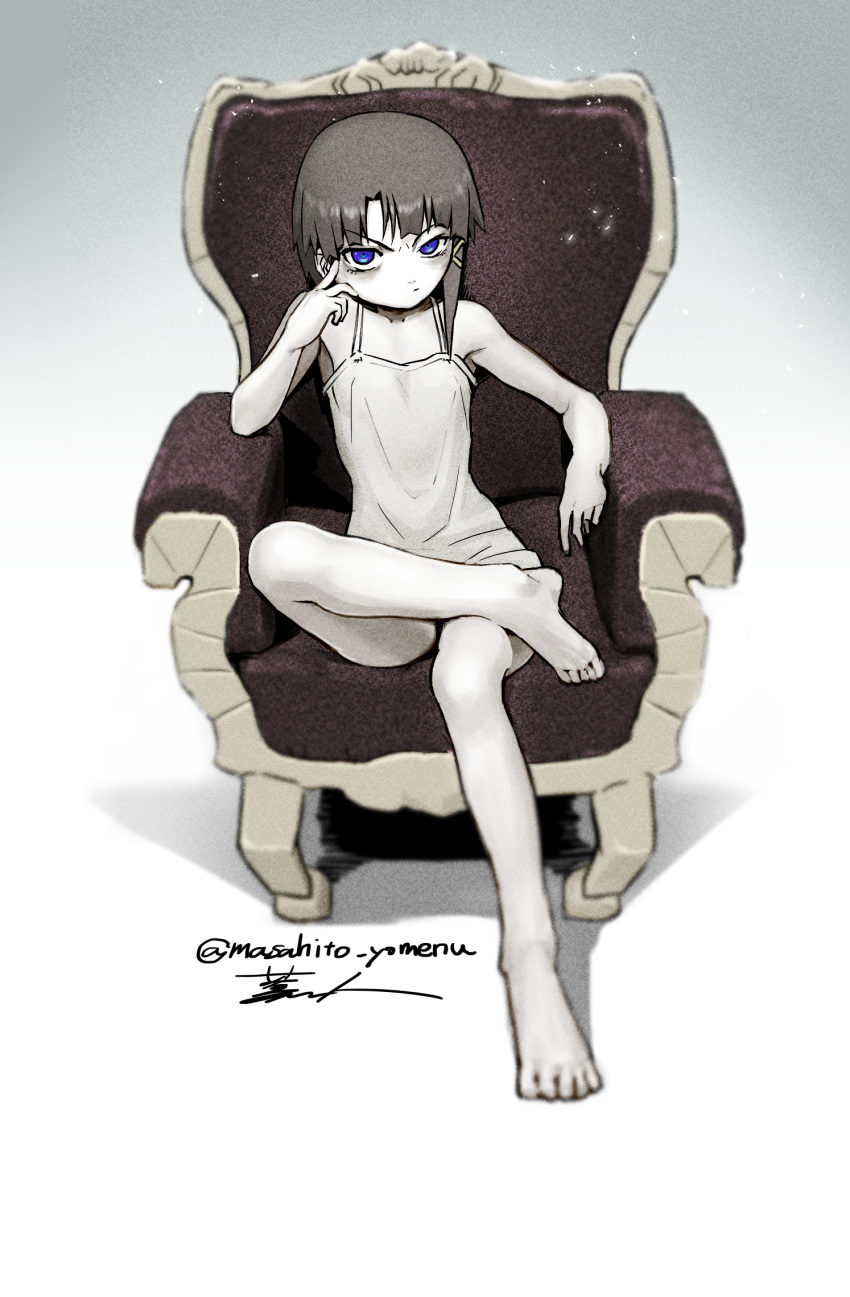 1girl asymmetrical_hair barefoot brown_hair chair closed_mouth dress feet frown hair_ornament hairclip highres iwakura_lain looking_at_viewer masahito_(yomenu) serial_experiments_lain short_hair simple_background sitting sleeveless solo white_dress