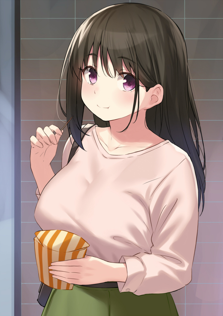 1girl bangs box breasts brown_hair cccpo collarbone commentary_request eating eyebrows_visible_through_hair highres holding holding_box large_breasts long_hair long_sleeves original smile solo violet_eyes