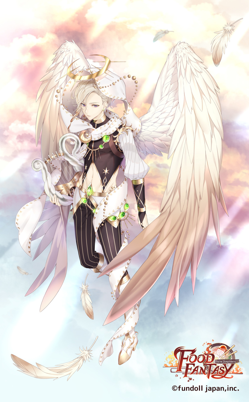 1boy angel_wings cocosuke copyright_name croissant_(food_fantasy) feathered_wings feathers food_fantasy full_body halo highres looking_at_viewer lyre male_focus navel official_art outdoors pants silver_hair striped striped_pants watermark white_footwear white_wings wings