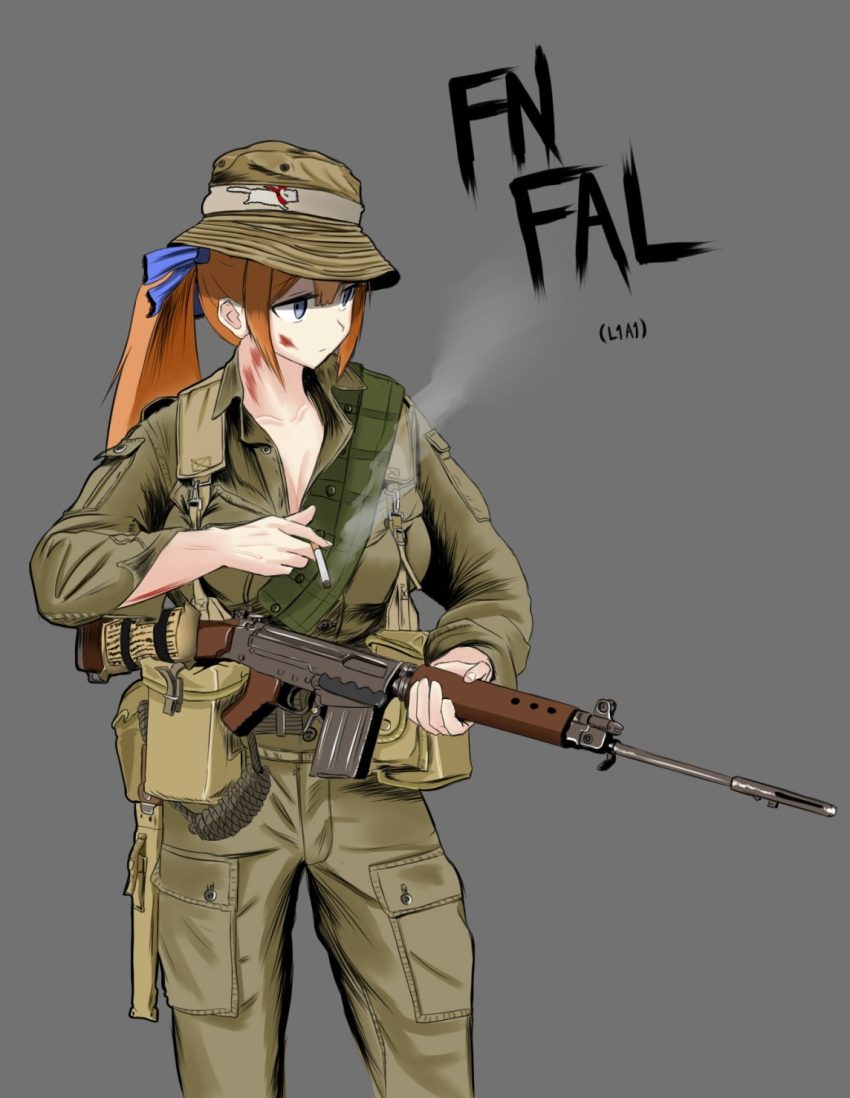 1girl aninju6657 battle_rifle blood blood_on_face blue_eyes brown_hair character_name cigarette fal_(girls_frontline) ferret fn_fal girls_frontline gun hat highres long_hair military military_hat military_uniform rifle smoking solo uniform weapon