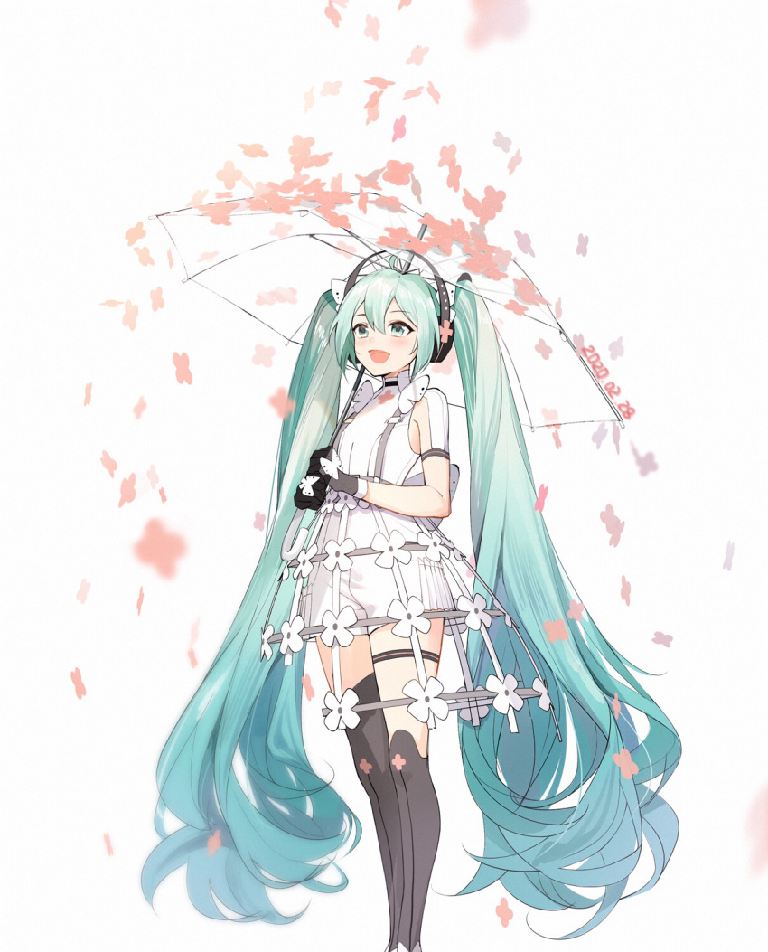 1girl alternate_costume aqua_eyes aqua_hair armpit_cutout black_legwear blurry blurry_foreground butterfly_ornament commentary dated depth_of_field english_commentary falling_petals feet_out_of_frame floral_print flower_skirt gloves hair_ornament hatsune_miku headphones highres hokuotzu holding holding_umbrella long_hair mismatched_legwear open_mouth petals shirt short_sleeves shorts skirt smile solo standing suspender_skirt suspenders thigh-highs thigh_strap transparent transparent_umbrella twintails umbrella very_long_hair vocaloid white_shirt white_shorts