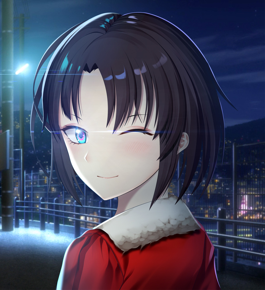 1girl black_hair blue_eyes closed_mouth from_behind highres jacket kara_no_kyoukai looking_at_viewer looking_back night one_eye_closed outdoors portrait red_jacket ryougi_shiki shiny shiny_hair short_hair smile soda_smoothies solo