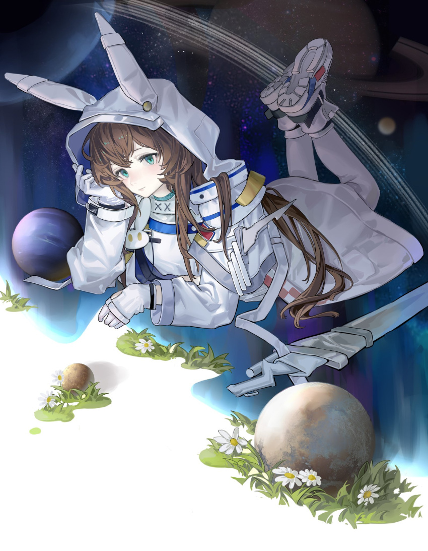 1girl amiya_(arknights) amiya_(guard)_(touch_the_stars)_(arknights) animal_ears animal_hood aqua_eyes arknights awakeningdog blue_coat brown_hair closed_mouth coat commentary_request crop_top expressionless feet_up flower gloves grass highres hood long_hair long_sleeves lying official_alternate_costume on_stomach open_clothes open_coat planet planetary_ring rabbit_ears rabbit_hood sheath sheathed shoes sneakers solo space sword very_long_hair weapon white_flower white_footwear white_gloves