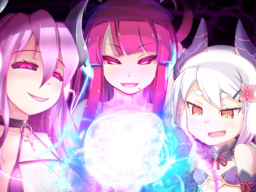 3girls bare_shoulders breasts commentary_request demon_girl demon_horns eyebrows_visible_through_hair hair_between_eyes hair_ornament hairclip horns large_breasts long_hair magic mole mole_under_mouth multiple_girls open_mouth pink_hair short_hair slit_pupils small_breasts smile succubus succubus_prison toki_(tokinokogiri) white_hair