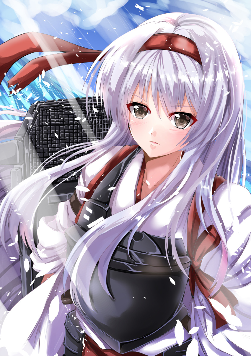 1girl absurdres blue_sky clouds commentary_request hairband headband highres japanese_clothes kantai_collection kentan_(kingtaiki) light_beam long_hair machinery muneate red_headband shoukaku_(kantai_collection) sky solo upper_body white_hair