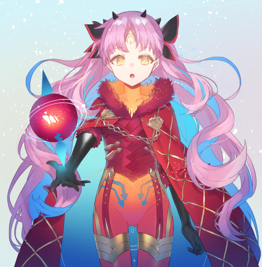 1girl bangs black_bow black_gloves blue_hair bodysuit bow breasts elbow_gloves facial_mark fate/grand_order fate_(series) forehead_mark fur_trim gloves hair_bow highres horns ishtar_(fate)_(all) long_hair looking_at_viewer multicolored_hair open_mouth parted_bangs pink_hair red_bodysuit shiseki_hirame solo space_ishtar_(fate) star star-shaped_pupils symbol-shaped_pupils thighs two-tone_hair two_side_up yellow_eyes