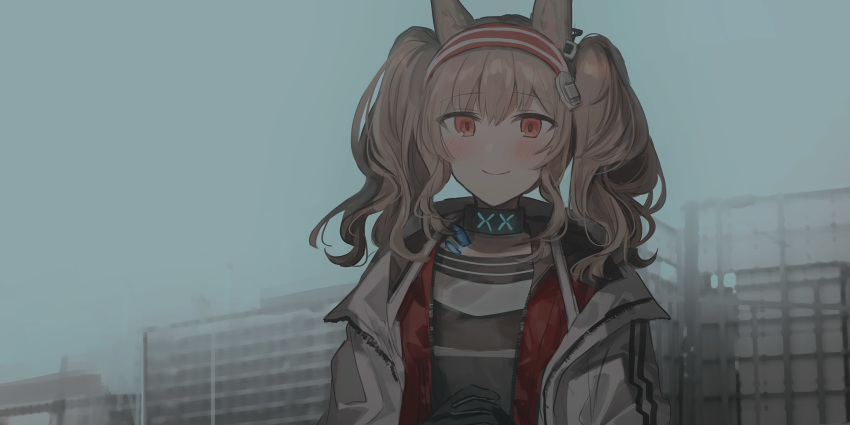 1girl absurdres angelina_(arknights) animal_ear_fluff animal_ears arknights bangs black_collar black_gloves black_shirt blue_sky blush brown_eyes brown_hair building chihuri closed_mouth collar commentary_request day eyebrows_visible_through_hair gloves hair_between_eyes hairband highres jacket looking_at_viewer open_clothes open_jacket outdoors red_hairband shirt sky smile solo striped striped_hairband twintails upper_body white_jacket