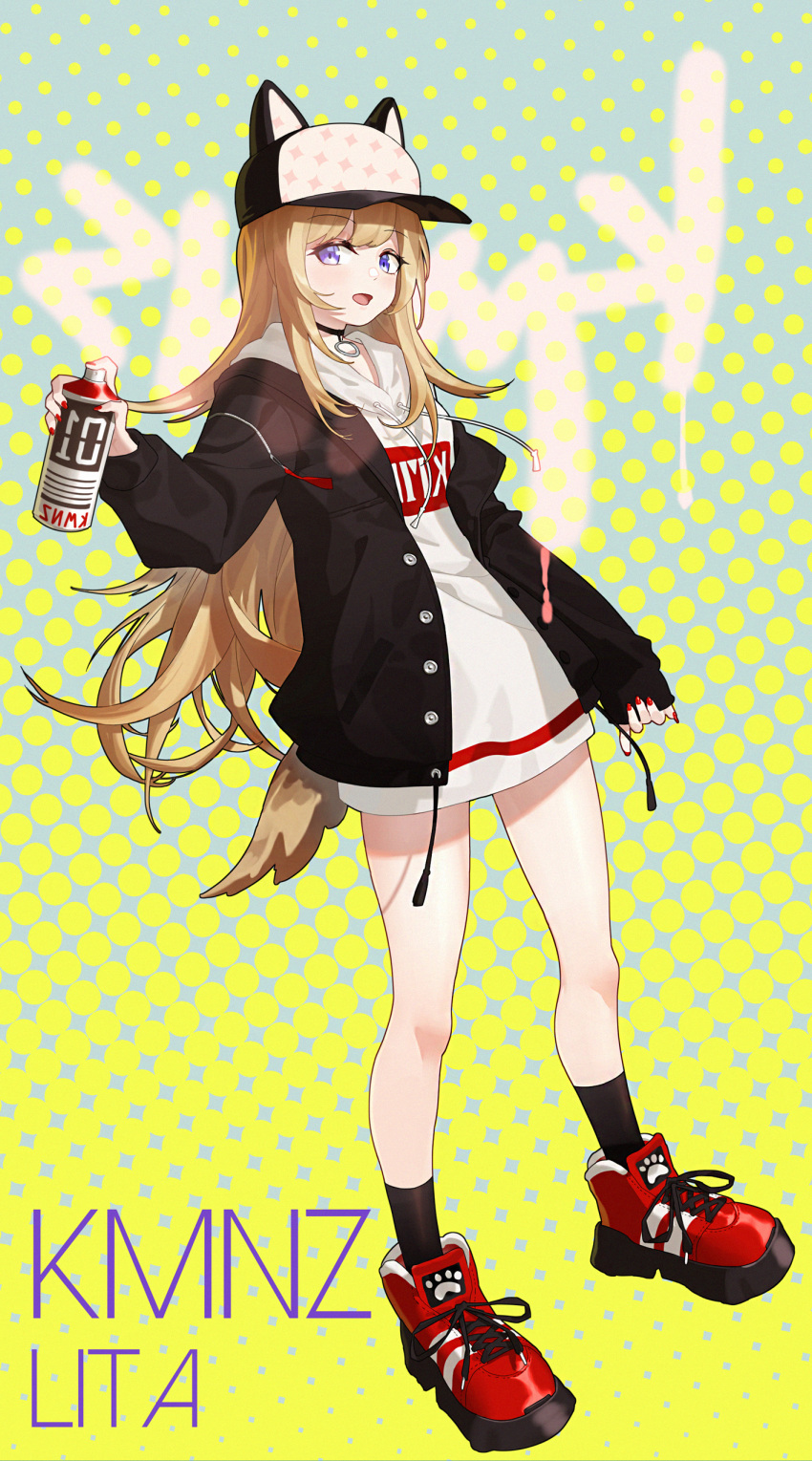 1girl :d absurdres baseball_cap blonde_hair blue_eyes character_name choker dog_tail eggplus full_body hat hat_with_ears highres hood hood_down hoodie jacket kmnz long_hair long_sleeves looking_at_viewer mc_lita no_pants open_mouth paw_print polka_dot polka_dot_background red_footwear red_nails smile spray_can tail virtual_youtuber