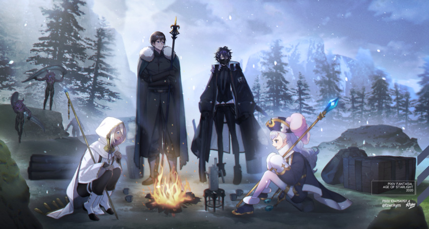 artist_name aym black_cape black_pants blue-eyes boots campfire cape chest copyright_name crossed_arms dated eye_contact fire hat hood horns log looking_at_another manacle_(pixiv_fantasia_age_of_starlight) mask outdoors pants pixiv_fantasia pixiv_fantasia_age_of_starlight polearm reno_(pixiv_fantasia_age_of_starlight) silver_hair sinha_(pixiv_fantasia_age_of_starlight) snowing spear squatting staff standing sun_wizard_solar tree weapon white_hair white_legwear