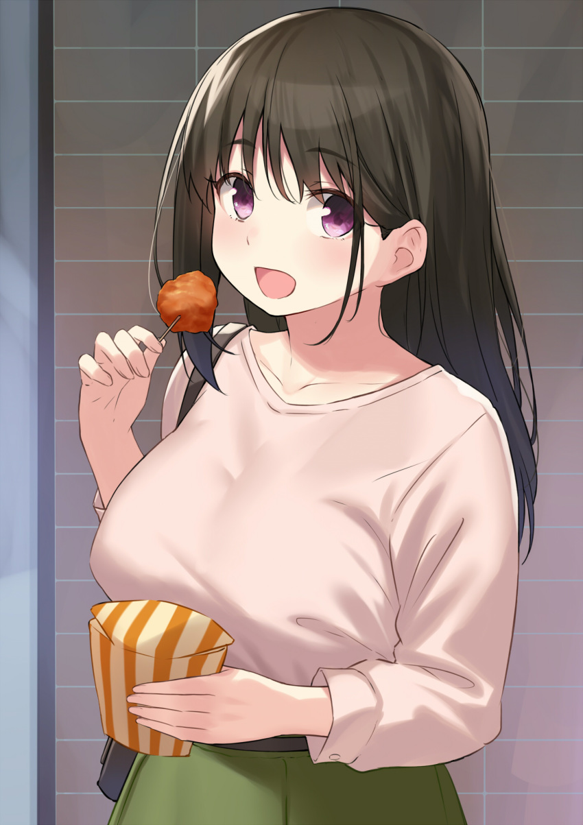 1girl bangs breasts brown_hair cccpo collarbone commentary_request eyebrows_visible_through_hair food highres holding holding_food large_breasts long_hair long_sleeves open_mouth original smile solo violet_eyes