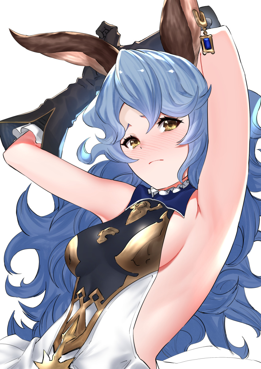 1girl animal_ears armpits arms_behind_head arms_up backless_dress backless_outfit bangs bare_shoulders black_gloves blue_hair blush breasts dress elbow_gloves erune ferry_(granblue_fantasy) gloves granblue_fantasy highres jewelry long_hair looking_at_viewer rabbit_ears saru_(pixiv13751598) sideboob simple_background single_earring small_breasts solo wavy_hair white_background yellow_eyes