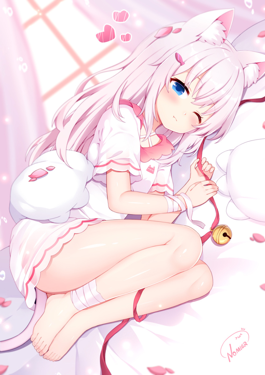 1girl 1other animal_ear_fluff animal_ears bandaged_arm bandaged_leg bandages barefoot bell blue_eyes blush cat_ears cat_tail chinese_commentary commentary_request dress hair_ornament hairclip heart highres hug jingle_bell knees_up legs long_hair lying nomier on_side one_eye_closed original petals pink_dress pink_hair pout ribbon short_dress tail thighs toes