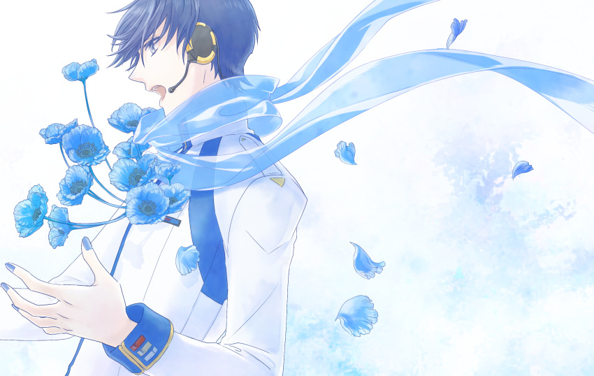 1boy blonde_hair blue_eyes blue_flower blue_nails coat flower from_side hand_up headphones headset highres kaito male_focus nail_polish open_mouth petals seki_(kreuz4360) solo upper_body vocaloid white_coat