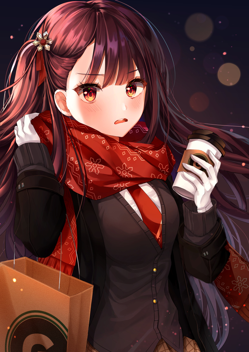 1girl absurdres bag bangs black_cardigan black_coat brown_hair brown_skirt cardigan coat cup eyebrows_visible_through_hair floating_hair girls_frontline gloves highres holding huge_filesize lens_flare long_hair myowa necktie open_clothes open_coat open_mouth paper_bag plaid plaid_skirt print_scarf red_eyes red_neckwear red_scarf scarf shiny shiny_hair skirt snowflake_print solo teacup upper_body very_long_hair wa2000_(girls_frontline) white_gloves