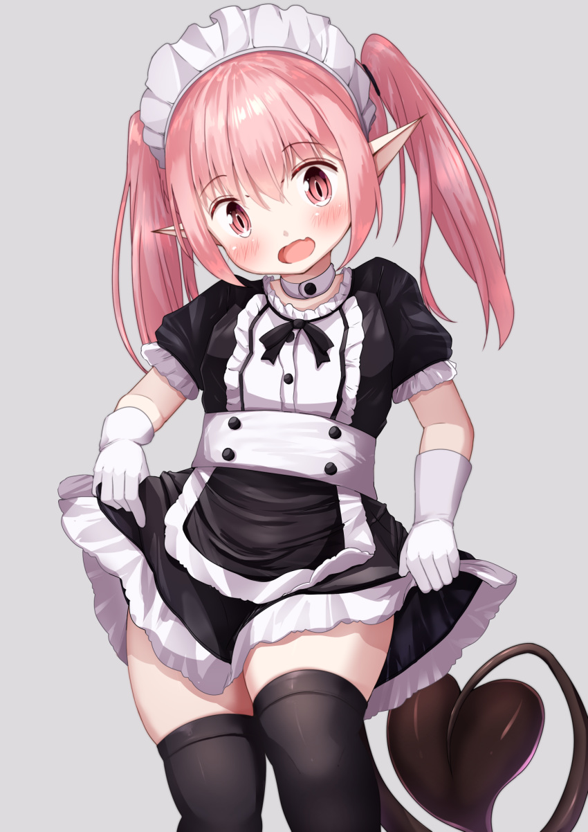 1girl bangs black_dress black_legwear blush demon_girl demon_tail dress eyebrows_visible_through_hair fang frilled_dress frills gloves grey_background hair_between_eyes head_tilt highres long_hair looking_at_viewer maid maid_headdress mochiyuki open_mouth original pink_hair pointy_ears puffy_short_sleeves puffy_sleeves red_eyes short_sleeves simple_background skirt_hold solo succubus tail thigh-highs twintails white_gloves